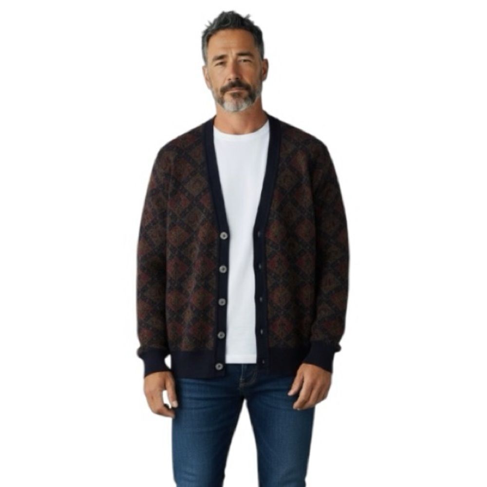 Vintage 80’s Cambridge Classic Grandpa Diamond Chevron Patterned Cardigan Sz L